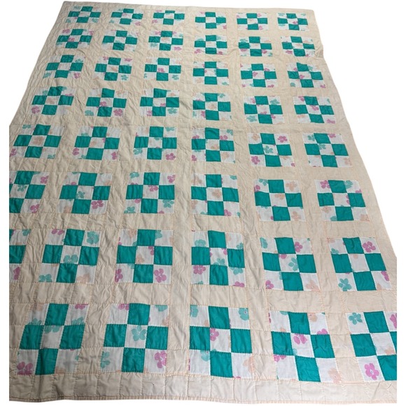 VTG Handmade Hand Quilted Blanket Beige Teal‎ Floral Cottagecore Cozy 72 x 96